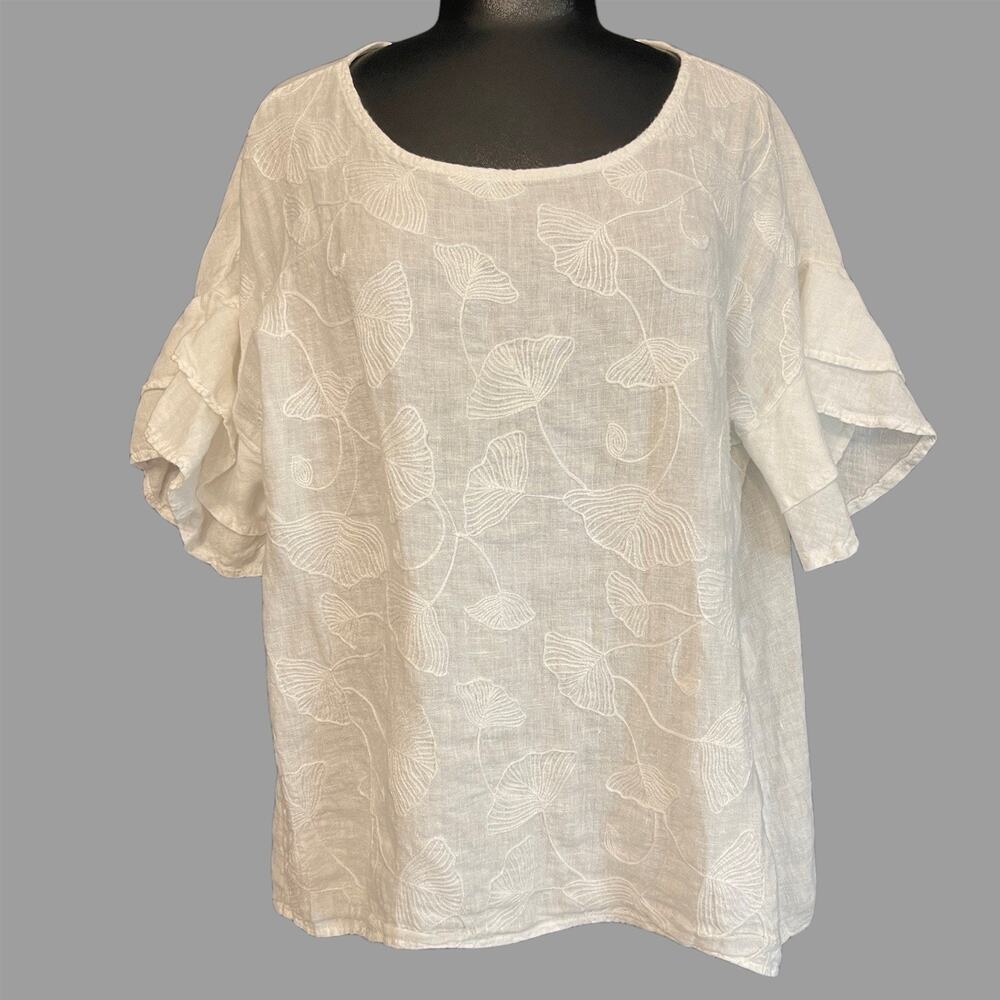 Valentina Naldi White 100% Linen Floral Scoop Neck Ruffle Sleeve Blouse M